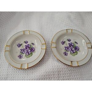 Ashtrays White Schumann Germany Violets Floral Gold Trim Set of 2 Vintage